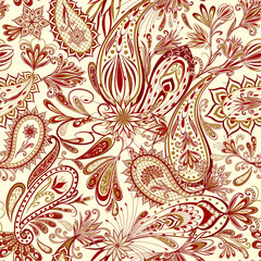Abstract vintage pattern with decorative flowers, leaves and Paisley pattern in Oriental style.