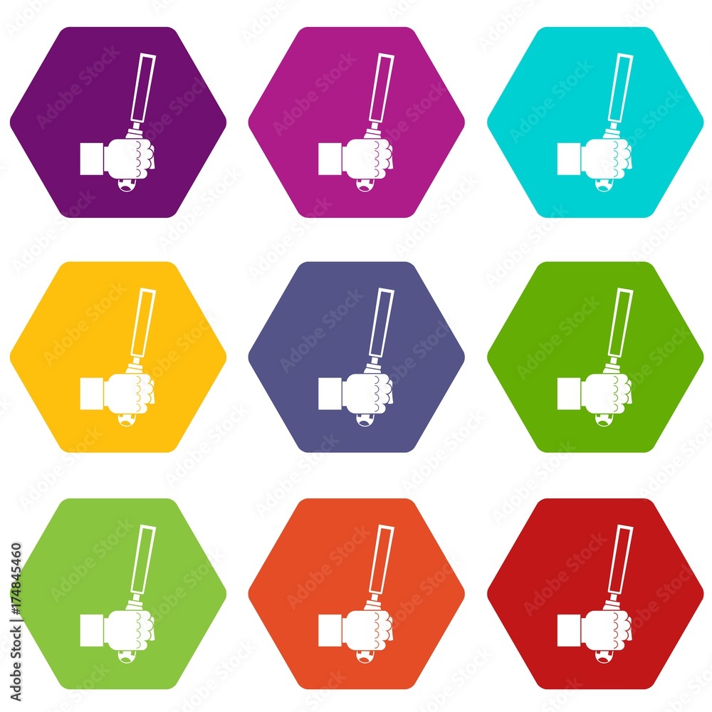Poster chisel tool in man hend icon set color hexahedron
