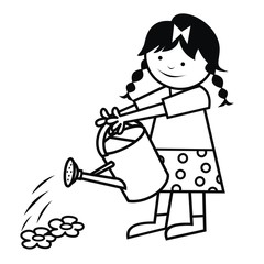 The girl is watering flowers. Vector icon. Coloring book.