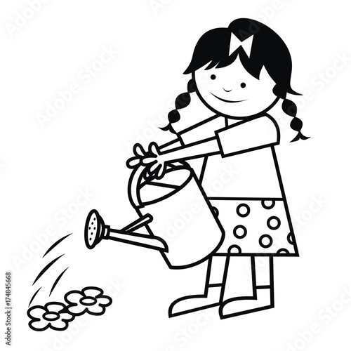 "The girl is watering flowers. Vector icon. Coloring book." Stock image and royaltyfree vector