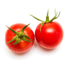 Two fresh tomato isolated on white background. Tasty and healthy food. Flat lay, top view