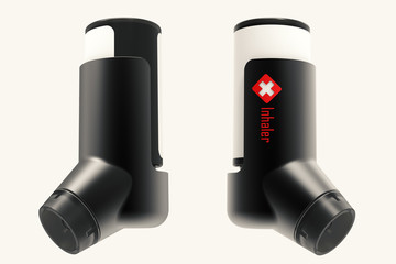 Asthma inhaler isolated on a grey background. 3D render