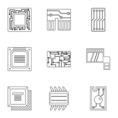 Transistor icons set, outline style