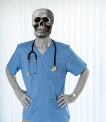 Senior doctor in scrubs with skull
