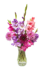 Beautiful  bouquet pink fashionable gladiolus and dahlia flower in a vase isolated on white background. Wedding bouquet of the bride