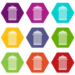 Trash can icon set color hexahedron