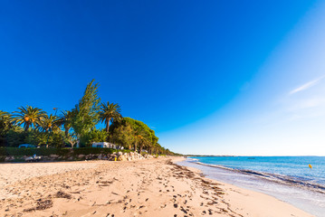 Sand beach in Miami Platja, Tarragona, Catalunya, Spain. Copy space for text.