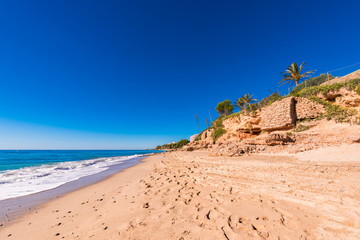 Sand beach in Miami Platja, Tarragona, Catalunya, Spain. Copy space for text.