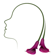 Realistic violet calla lily, woman face silhouette, frame. The symbol of Royal beauty.