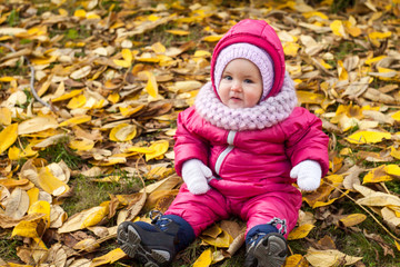 Beautiful baby girl one years old in pink jumpsuit sitting on yellow leaves - autumn scene. Toddler have fun outdoor in autumn yellow park