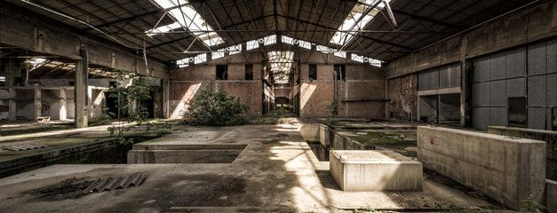 Abandoned factory panorama, central perspective