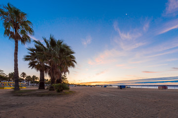 Sunset on the beach of Cambrils, Catalonia, Spain. Copy space for text.