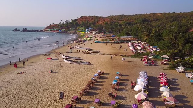 Drone footage overlooking the beach of Arambol, Goa, India.