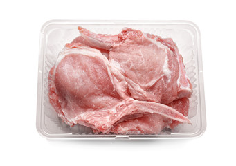 Container with fresh raw meat on white background
