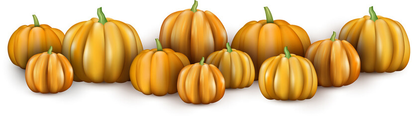 White banner with orange 3d pumpkins.
