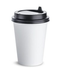 Paper coffee cup with black lid isolated on white background, mock up for your project