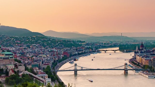 budapest city skyline timelapse from day to night aerial view zoom out