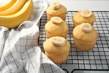 Banana muffins on baking grid