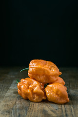 different kinds of hot  chili peppers on table on black backgrou
