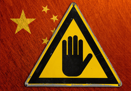 China flag metal vintage, retro, scratched, steel  background. Sign stop, hand, attention, yellow triangle.