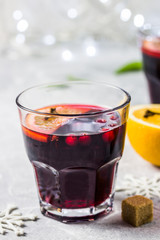 Traditional winter holiday mulled wine. Selective focus, space for text.