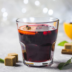 Warm christmas drink, mulled wine. Selective focus, space for text.