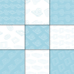 Blue and white geometric ornaments. Collection of seamless patterns