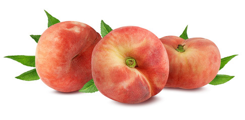 Three chinese flat donut peaches with leaf isolated on white with clipping path
