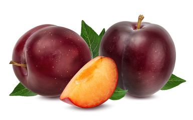 Fresh plums with leaf isolated on white background