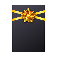 Black holiday gift card with golden ribbon and bow. Template for a business card, banner, poster, notebook, invitation