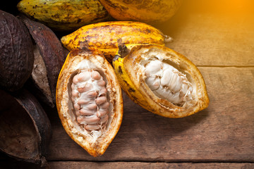 Cocoa beans and cocoa pod on a wooden surface.