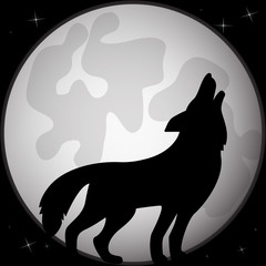Black silhouette of a wolf in front of the full moon.