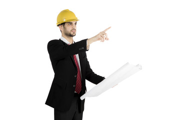 Engineer with blueprints pointing at copyspace