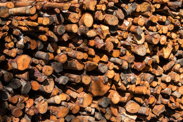 Natural wooden background - closeup of chopped firewood.