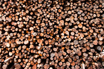 Natural wooden background - closeup of chopped firewood.