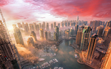 Dubai Marina with colorful sunset in Dubai, United Arab Emirates