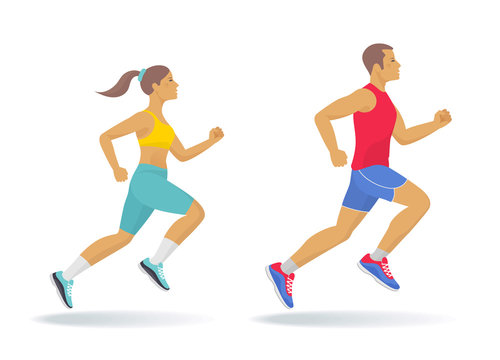 The running active people set. Side view of sporty running young man and woman in a sportswear. Sport, jogging, fitness, training concept. Flat vector illustration isolated on white background.