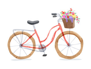 Vector illustration of retro bicycle. Types of bike: road bicycle, city, urban bike, old, cruiser. Vintage bicycle in watercolor style. Bike for girl with wooden basket, crate full of flowers. Red.