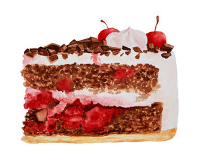 A piece of Black Forest cake with whipped cream and cherry painted with watercolors on white background side view