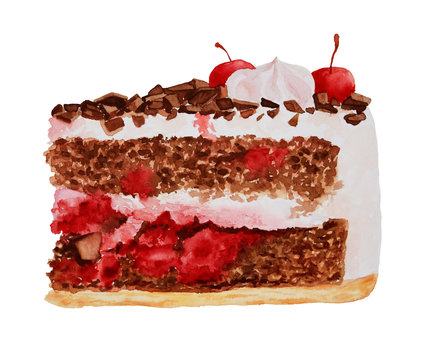 A Piece Of Black Forest Cake With Whipped Cream And Cherry Painted With Watercolors On White Background Side View