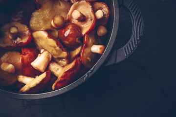 Suillus mushrooms in pot from above flat lay