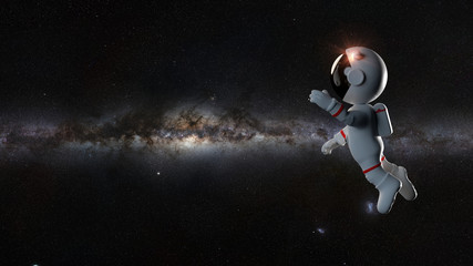 adorable cartoon astronaut character in white space suit in front of the Milky Way galaxy 