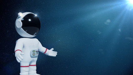 3d cartoon astronaut character presenting an empty space lit by the Sun and the stars