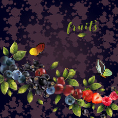 realistic berries on a dark purple abstract background.