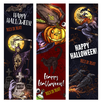 Halloween witch monsters vector sketch banners