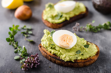 Bio avocado on bread with boiled egg