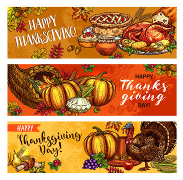 Thanksgiving day vector greeting banners sketch