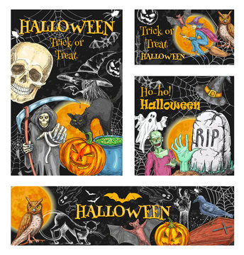 Halloween witch monsters vector sketch posters