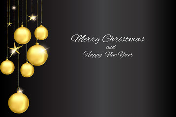 greeting banner with christmas with gold christmas balls and stars on a black background. Merry Christmas Card