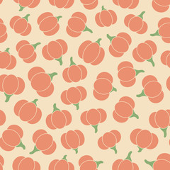 Colorful vector seamless pattern with orange pumpkins silhouettes on the beige background. Abstract autumn ornament.